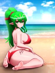 Rule 34 | 1girl, artist name, ass, barefoot, beach, bikini, blush, breasts, butt crack, closed mouth, cloud, cloudy sky, commentary, crossed bangs, day, eyelashes, feet, fire emblem, fire emblem awakening, green hair, hair between eyes, hand on own thigh, highres, jaxdrawz, large breasts, looking at viewer, nintendo, on ground, outdoors, patreon logo, pointy ears, ponytail, red bikini, shiny skin, side-tie bikini bottom, sideboob, sidelocks, sitting, sky, soles, solo, swimsuit, thick thighs, thighs, tiki (adult) (fire emblem), tiki (fire emblem), toes, wariza