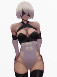 Rule 34 | 1girl, abs, absurdres, adapted costume, alternate costume, bare shoulders, blindfold, breasts, cleavage, highres, leotard, medium breasts, nier (series), nier:automata, short hair, toned, white background, white hair, wide hips, 2b (nier:automata), zaki (zaki btw)