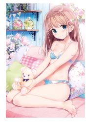 Rule 34 | 1girl, absurdres, bare legs, barefoot, blue bra, blue eyes, blue panties, blush, bow, bow bra, bow panties, bra, breasts, brown hair, collarbone, flower, hair flower, hair ornament, head tilt, highres, holding, holding stuffed toy, kimishima ao, long hair, looking at viewer, momoi saki, navel, original, panties, sitting, small breasts, smile, solo, strap slip, stuffed animal, stuffed toy, teddy bear, toes, underwear, underwear only, wariza