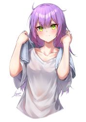 Rule 34 | 1girl, absurdres, blush, closed mouth, commentary request, ear piercing, fang, fang out, female focus, green eyes, hair between eyes, hands up, highres, hololive, long hair, looking at viewer, multicolored hair, piercing, pink hair, purple hair, rei (9086), see-through, shirt, short sleeves, signature, simple background, skin fang, solo, tokoyami towa, towel, towel around neck, twitter username, two-tone hair, upper body, virtual youtuber, white background, white shirt