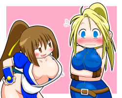 Rule 34 | 2girls, arms under breasts, belt, blonde hair, blue eyes, border, bouncing, breasts, brown eyes, brown hair, cleavage, crossover, dead or alive, downblouse, flying sweatdrops, gshinobi, hair ribbon, hand on own hip, kasumi (doa), large breasts, leaning forward, long hair, matching hair/eyes, motion lines, multiple girls, navel, no bra, no panties, open mouth, outside border, pink background, ponytail, ribbon, sarah bryant, simple background, smile, standing, virtua fighter, wavy mouth, white border