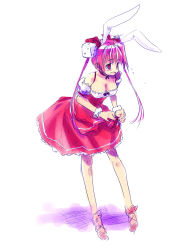 Rule 34 | 1girl, animal ears, blush, breasts, cleavage, detached sleeves, di gi charat, dress, hair ornament, large breasts, long hair, pink hair, rabbit ears, refeia, simple background, solo, twintails, usada hikaru, wrist cuffs