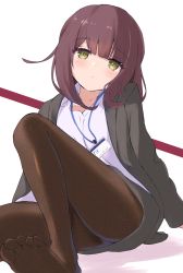 Rule 34 | black pantyhose, black suit, blush, feet, file112056, formal, green eyes, highres, knee up, long hair, long sleeves, looking at viewer, no shoes, office lady, pantyhose, red hair, shirt, simple background, sitting, solo, suit, toes, toki ayano, white shirt, yurucamp