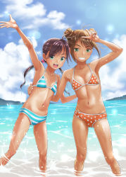 Rule 34 | 2girls, :d, arm around waist, arm up, armpits, bikini, black hair, blue bikini, blue eyes, blue sky, brown hair, cameltoe, cloud, cloudy sky, commentary request, day, double bun, flat chest, green eyes, grin, hair bobbles, hair bun, hair ornament, highres, leaning to the side, lens flare, looking at viewer, low twintails, malcorond, multiple girls, navel, open mouth, original, outdoors, polka dot, polka dot bikini, red bikini, short hair, skindentation, sky, smile, splashing, standing, string bikini, striped bikini, striped clothes, swept bangs, swimsuit, tan, tanline, twintails, v, wading, water, waving