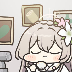 Rule 34 | 1girl, blue archive, blush, cake, closed eyes, closed mouth, cup, dress, flower, food, hair flower, hair ornament, halo, holding, holding cup, jazz jack, light brown hair, long hair, lowres, nagisa (blue archive), picture frame, pink flower, smile, solo, statue, swiss roll, white dress, white flower