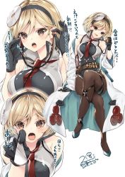 Rule 34 | 1girl, 218, belt, blonde hair, brown eyes, coat, collared shirt, djeeta (granblue fantasy), doctor (granblue fantasy), gloves, granblue fantasy, hairband, lab coat, necktie, open clothes, open coat, open mouth, pantyhose, shirt, short hair, signature, simple background, sleeveless, sleeveless shirt, stethoscope, translation request, white background