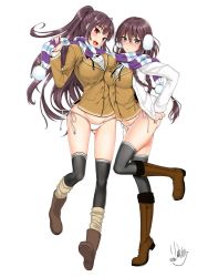 Rule 34 | 2girls, :d, asymmetrical docking, blazer, blush, boots, braid, breast press, breasts, brown eyes, brown footwear, brown hair, dated, earmuffs, full body, fur-trimmed boots, fur trim, groin, highres, jacket, knee boots, kojima saya, large breasts, long hair, long sleeves, looking at viewer, multiple girls, no pants, nose blush, open mouth, original, over-kneehighs, panties, ponytail, purple hair, red eyes, ribbon, scarf, school uniform, shared clothes, shared scarf, side-tie panties, signature, simple background, sleeves past wrists, smile, striped clothes, striped scarf, thighhighs, twin braids, underwear, very long hair, white background, white panties, yellow eyes