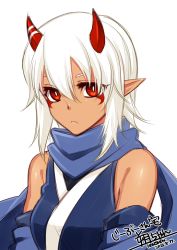 Rule 34 | 1girl, bare shoulders, blue scarf, breasts, bright pupils, closed mouth, commentary request, dated, detached sleeves, hair between eyes, horns, konshin, looking at viewer, medium breasts, original, pointy ears, red eyes, scarf, signature, simple background, solo, upper body, white background, white hair