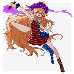 Rule 34 | 1girl, :d, adapted costume, american flag dress, arm scrunchie, arm up, armpit crease, asymmetrical clothes, asymmetrical legwear, blonde hair, blue scrunchie, blush, clownpiece, commentary request, dress, eyelashes, fang, fire, flat chest, full body, grey background, hat, holding, holding torch, jester cap, long hair, looking at viewer, miko (miko030751), neck ruff, open mouth, polka dot, print dress, purple eyes, purple fire, scrunchie, simple background, smile, solo, thighhighs, torch, touhou, very long hair