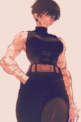 Rule 34 | 1girl, abs, absurdres, belt, black hair, covered abs, hand in pocket, highres, holding, holding sword, holding weapon, jujutsu kaisen, looking down, muscular, muscular female, pixel art, scar, short hair, sleeveless, solo, spoiledmuffin, sword, tank top, toned, turtleneck, weapon, zen&#039;in maki