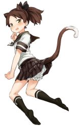Rule 34 | 10s, 1girl, abe kanari, animal ears, black socks, bloomers, brown hair, brown skirt, cat ears, cat tail, clothes lift, eyebrows, hair tie, kantai collection, looking at viewer, looking back, open mouth, ponytail, school uniform, shikinami (kancolle), short sleeves, simple background, skirt, skirt lift, socks, solo, tail, underwear, white background, yellow eyes