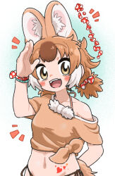 Rule 34 | 1girl, animal ear fluff, animal ears, appleq, arm up, bare shoulders, bikini, bow, breasts, brown bikini, brown eyes, brown hair, brown shirt, collarbone, commentary request, dhole (kemono friends), hair bow, heart, highres, kemono friends, kemono friends 3, multicolored hair, navel, notice lines, off shoulder, polka dot, polka dot bow, red bow, shirt, short sleeves, side-tie bikini bottom, small breasts, solo, swimsuit, tied shirt, translation request, two-tone hair, white hair