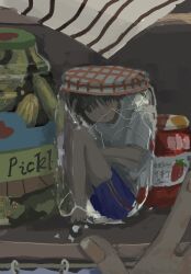 Rule 34 | 1boy, brown eyes, brown hair, cucumber, glass, highres, in container, in jar, jar, multicolored clothes, multicolored shorts, nrt0, original, shirt, shorts, t-shirt, white shirt