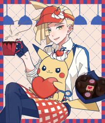 Rule 34 | 1boy, alternate costume, apron, blonde hair, border, box, chocolate, collared shirt, commentary request, creatures (company), crossed legs, cup, game freak, gen 1 pokemon, gladion (pokemon), gloves, green eyes, grid background, heart, heart-shaped box, highres, holding, holding cup, male focus, mocacoffee 1001, nintendo, on lap, open mouth, pants, pikachu, pokemon, pokemon (creature), pokemon on lap, pokemon sm, shirt, short hair, sitting, smile, visor cap, waist apron, white shirt