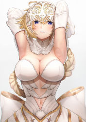 Rule 34 | 1girl, absurdres, armpits, arms up, blonde hair, blue eyes, bow, braid, breasts, cleavage, detached collar, detached sleeves, dress, fate/apocrypha, fate (series), headpiece, highres, huge filesize, jeanne d&#039;arc (fate), jeanne d&#039;arc (lostroom outfit) (fate), jeanne d&#039;arc (ruler) (fate), kamo ashi, large bow, large breasts, looking at viewer, lostroom outfit (fate), navel, parted lips, simple background, solo, white background, white dress