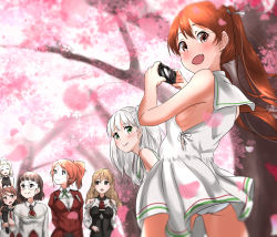 Rule 34 | 6+girls, anchor necklace, aquila (kancolle), bare shoulders, bike shorts, black hairband, blonde hair, blouse, blush, braid, breasts, brown eyes, brown hair, camera, cherry blossoms, closed mouth, corset, dress, closed eyes, french braid, glasses, green eyes, green ribbon, hair ornament, hair ribbon, hairband, hairclip, headgear, high heels, high ponytail, highres, italia (kancolle), jacket, kantai collection, littorio (kancolle), long hair, looking at viewer, luigi torelli (kancolle), maestrale (kancolle), medium breasts, medium hair, multiple girls, necklace, necktie, one side up, open mouth, orange hair, panties, pantyshot, pince-nez, red jacket, remodel (kantai collection), ribbon, roma (kancolle), sailor dress, shirt, silver hair, sleeveless, sleeveless dress, sleeveless shirt, small breasts, smile, tama (tamago), uit-25 (kancolle), underwear, wavy hair, white dress, white panties, white ribbon, white shirt, zara (kancolle)