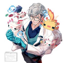 Rule 34 | 1boy, adjusting clothes, adjusting gloves, arurandeisu, axolotl (minecraft), bad id, bad pixiv id, beard, black pants, blue gloves, blue shirt, blue vest, bubble, dress shirt, eyebrows hidden by hair, facial hair, from above, glasses, gloves, green eyes, grey hair, highres, holostars, hotate rayan, lab coat, long sleeves, pants, parted lips, pixiv username, reddit username, shirt, sideways glance, simple background, smile, solo, teeth, twitter username, upper teeth only, vest, virtual youtuber, white background