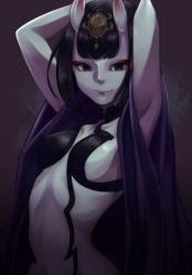 Rule 34 | 1girl, armpits, arms behind head, bad id, bad pixiv id, black hair, blunt bangs, bob cut, breasts, fate/grand order, fate (series), horns, itumonemu nemu, lips, looking at viewer, pale skin, purple eyes, revealing clothes, short hair, shuten douji (fate), small breasts, smile, solo