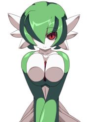 Rule 34 | 1girl, alternate color, between breasts, breasts, breasts squeezed together, cleavage, collarbone, creatures (company), dress, game freak, gardevoir, gen 3 pokemon, green hair, hair over one eye, hip focus, large breasts, legs, narura, navel, nintendo, no humans, pokemon, pokemon (creature), red eyes, shiny skin, smile, solo