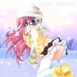 Rule 34 | 1girl, ass, blue eyes, dated, day, emily (pure dream), glasses, gloves, hand on own thigh, hat, long hair, miniskirt, outdoors, panties, pantyshot, pink hair, scarf, skirt, snow, snowing, solo, source request, standing, striped clothes, striped panties, thighhighs, underwear, upskirt, watermark, web address, white thighhighs, zettai ryouiki
