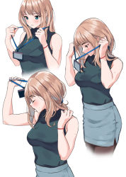 Rule 34 | 1girl, bare shoulders, black pantyhose, blue eyes, blue skirt, blush, breasts, closed eyes, closed mouth, doushimasho, green shirt, highres, id card, light brown hair, long hair, medium breasts, mole, mole on arm, mole on cheek, mole under mouth, multiple views, original, pantyhose, pencil skirt, shirt, simple background, skirt, sleeveless, sleeveless shirt, white background, wristband