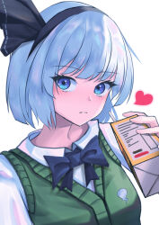 Rule 34 | 1girl, black bow, black bowtie, black hairband, blue eyes, bow, bowtie, commentary request, expressionless, green jacket, hairband, heart, highres, jacket, juice box, konpaku youmu, looking at viewer, shirt, short hair, solo, tofuandsoup, touhou, white background, white hair, white shirt