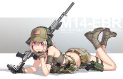 Rule 34 | 1girl, american flag, arm support, artist name, battle rifle, belt, boots, buckle, butt crack, camouflage, combat boots, commentary request, crossdraw holster, glock, gloves, grey background, gun, handgun, hat, headset, holster, kws, load bearing vest, looking at viewer, m14, magazine (weapon), midriff, military, military uniform, mk 14 ebr, original, partial commentary, pistol, purple eyes, radio, rifle, shadow, shorts, signature, silver hair, snap-fit buckle, solo, suppressor, text background, thigh holster, two-tone background, uniform, weapon, weapon name, white background, woodland camouflage