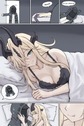 1boy 1girl absurdres arknights blonde_hair breasts doctor_(arknights) dragon_girl eblana_(arknights) gongbangmanchi_(daisy_cutter) green_eyes highres large_breasts smile under_covers underwear