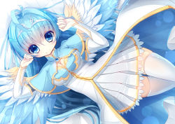 Rule 34 | 1girl, ahoge, andromeda (p&amp;d), blue eyes, blue hair, breasts, capelet, cleavage, detached sleeves, feathered wings, if (asita), large breasts, lying, matching hair/eyes, puzzle &amp; dragons, smile, solo, tatapopo, wings