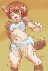 Rule 34 | 1girl, artist request, brown eyes, brown hair, furry, furry female, gradient background, heterochromia, highres, open mouth, peeing, short hair, solo, yellow eyes