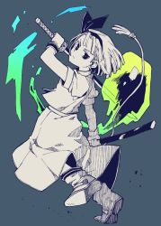 Rule 34 | 1girl, anarogumaaa, bad id, bad pixiv id, blue background, boots, earrings, from behind, frown, full body, gloves, hairband, holding, holding sword, holding weapon, incoming attack, jewelry, katana, konpaku youmu, konpaku youmu (ghost), looking at viewer, monochrome, red pupils, ribbon, serious, shirt, short hair, short sleeves, simple background, skirt, solo, spot color, sword, touhou, vest, weapon