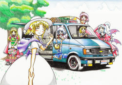 Rule 34 | 6+girls, ahoge, alice margatroid, alice margatroid (pc-98), anger vein, ankle socks, apron, arm behind head, artist name, blonde hair, blue eyes, blue hair, blue sky, blush, book, boombox, bow, capelet, chevrolet, clenched teeth, closed eyes, cloud, colored pencil (medium), demon wings, dress, facing viewer, fanta, goodyear, grass, grimace, hair bobbles, hair bow, hair ornament, hand on own head, hat, holding hands, jumping, louise (touhou), mai (touhou), maid headdress, minivan, motor vehicle, multiple girls, mystic square, nib pen (medium), outstretched arms, pink eyes, pink hair, pov, pov hands, puffy short sleeves, puffy sleeves, red dress, ribbon, sara (touhou), sash, shinki (touhou), short sleeves, side ponytail, signature, sky, smile, socks, suitcase, teeth, tomozo8674, touhou, touhou (pc-98), traditional media, tree, van, wagon, waist apron, white dress, white hair, wings, yellow eyes, yuki (touhou), yumeko (touhou)