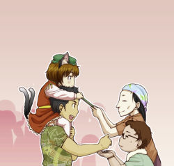 Rule 34 | 1girl, 3boys, = =, animal ears, black hair, brown eyes, brown hair, cat ears, cat tail, chen, coin, earrings, hat, jewelry, lee (colt), md5 mismatch, multiple boys, multiple tails, short hair, tail, thighhighs, touhou
