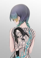 Rule 34 | 1girl, back, back focus, back tattoo, black-framed eyewear, braid, closed mouth, completely nude, from behind, glasses, gradient hair, green hair, grey background, highres, irezumi, masuo, multicolored hair, nude, original, tattoo, twin braids, upper body