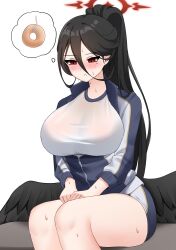 Rule 34 | 1girl, absurdres, black hair, black wings, blue archive, blush, breasts, commentary, english commentary, feathered wings, gym shirt, gym shorts, gym uniform, hair between eyes, halo, hasumi (blue archive), hasumi (track) (blue archive), highres, huge breasts, hungry, jacket, keicyanyan, long hair, long sleeves, looking away, looking down, mole, mole under eye, official alternate costume, parted lips, red eyes, shirt, shorts, sidelocks, simple background, sitting, solo, spoken food, sweat, nervous sweating, thick thighs, thighs, thought bubble, track jacket, white background, white shirt, wings
