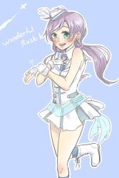 Rule 34 | 1girl, blue bow, blue bowtie, blue socks, blush, boots, bow, bowtie, collared shirt, fingerless gloves, gloves, green eyes, idol, kashikaze, kneehighs, long hair, looking at viewer, love live!, love live! school idol project, low twintails, miniskirt, open mouth, outline, purple hair, sailor collar, shirt, skirt, sleeveless, sleeveless shirt, socks, solo, standing, standing on one leg, teeth, tojo nozomi, twintails, upper teeth only, white footwear, white gloves, white hair, white outline, white sailor collar, white shirt, white skirt, wonderful rush