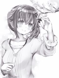 Rule 34 | 1girl, bow, branch, cherry blossoms, closed mouth, greyscale, hair bow, hand up, highres, hololive, long sleeves, monochrome, nanashi (nlo), side ponytail, smile, solo, tokino sora, tokino sora (casual), upper body, virtual youtuber