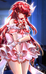 Rule 34 | 1girl, absurdres, ahoge, blurry, blurry background, blush, bow, bowtie, closed mouth, cowboy shot, detached sleeves, dress, elesis (elsword), elsword, floating hair, gloves, hair between eyes, hair bow, heart, heart print, highres, layered dress, long hair, looking away, pink dress, pink sleeves, print gloves, red bow, red bowtie, red eyes, red hair, rourou (been), shiny skin, short dress, short sleeves, sleeveless, sleeveless dress, smile, solo, sparkle, standing, striped bow, striped bowtie, striped clothes, striped neckwear, very long hair, white bow, white gloves