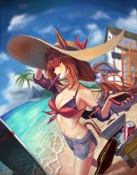 Rule 34 | 1girl, absurdres, animal ears, bare shoulders, beach, bikini, blush, bottle, breasts, brown hair, cellphone, cleavage, collarbone, daiwa scarlet (umamusume), food, from side, hair ornament, hand up, hat, highres, holding, holding phone, horse ears, horse girl, horse tail, large breasts, large hat, long hair, mouth hold, ocean, off shoulder, outdoors, phone, popsicle, short shorts, shorts, smartphone, smile, straw hat, swimsuit, tail, torn clothes, torn shorts, umamusume, water, yarn (yarn 03)