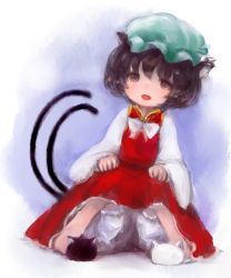 Rule 34 | 1girl, animal ears, asymmetrical footwear, bad id, bad pixiv id, bloomers, blue background, brown eyes, brown hair, cat ears, cat slippers, cat tail, chen, earrings, fangs, faux traditional media, hands on lap, hat, highres, jewelry, knees up, leaning, looking at viewer, maccha cocoa, maccha cocoa (mococo), mismatched footwear, mob cap, multiple tails, open mouth, short hair, simple background, sitting, skirt, skirt set, solo, tail, touhou, underwear
