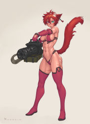 Rule 34 | 1girl, abs, ammunition belt, ammunition chute, animal ears, artist name, warrior of light (ff14), belt-fed, bikini, breasts, cat ears, cat girl, cat tail, commentary, commission, earrings, elbow gloves, english commentary, explosive, facial mark, fang, final fantasy, final fantasy xiv, full body, gatling gun, gloves, green eyes, grenade, grey background, gun, heterochromia, highres, holding, holding gun, holding weapon, jewelry, large breasts, machine gun, medium breasts, medium machine gun, minigun, multiple-barrel firearm, muscular, muscular female, muzzle clamp, navel, nonneim, open mouth, original, purple eyes, red hair, revealing clothes, rotary machine gun, scar, scar on arm, scar on leg, short hair, simple background, slit pupils, solo, standing, swimsuit, tail, thigh strap, thighhighs, tongue, watermark, weapon