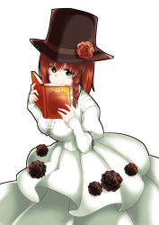 Rule 34 | 1girl, absurdres, book, braid, breasts, brown hair, charlotte corday (fate), charlotte corday (third ascension) (fate), dress, fate/grand order, fate (series), flower, green eyes, hat, hat flower, highres, juliet sleeves, large breasts, long dress, long sleeves, puffy sleeves, shigure (sigre), smile, solo, white background