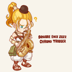 Rule 34 | 1girl, ?, bare shoulders, blonde hair, blue eyes, choker, chrono trigger, copyright name, full body, haconiwart, hat, highres, instrument, long hair, marle (chrono trigger), mini hat, mini top hat, ponytail, saxophone, simple background, solo, toeless footwear, top hat, white background