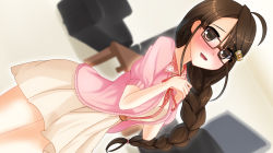 Rule 34 | 1girl, ahoge, blurry, blurry background, blush, braid, brown-framed eyewear, brown eyes, brown hair, dress, dutch angle, glasses, hair ornament, hands up, highres, hiro-r, idolmaster, idolmaster cinderella girls, jacket, long hair, okuyama saori, open mouth, own hands together, parted bangs, pink jacket, solo, table, very long hair, white dress