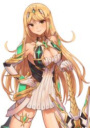 Rule 34 | 1girl, 20060715, absurdres, armor, blonde hair, blush, breasts, brown eyes, cleavage, closed mouth, dangle earrings, earrings, hand on hilt, highres, jewelry, large breasts, looking at viewer, mythra (xenoblade), simple background, smile, solo, white background, xenoblade chronicles (series), xenoblade chronicles 2