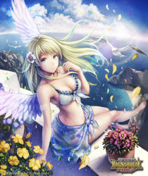 Rule 34 | 1girl, anbe yoshirou, angel wings, artist name, asteria (shinma x keishou! ragnabreak), barefoot, bikini, bird, blonde hair, blue eyes, breasts, cleavage, copyright name, day, english text, floral print, flower, flower pot, frilled bikini, frills, front-tie top, hair flower, hair ornament, long hair, looking at viewer, looking back, medium breasts, ocean, original, petals, sarong, seagull, see-through, see-through sarong, shinma x keishou! ragnabreak, sitting, sky, solo, swimsuit, water, wings