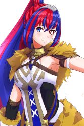 Rule 34 | 1girl, absurdres, alear (female) (fire emblem), alear (fire emblem), blue eyes, blue hair, closed mouth, detached sleeves, fire emblem, fire emblem engage, fur trim, hair between eyes, heterochromia, highres, light smile, long hair, looking at viewer, multicolored hair, nintendo, official alternate costume, red eyes, red hair, solo, split-color hair, tiara, to (tototo tk), two-tone hair, white background