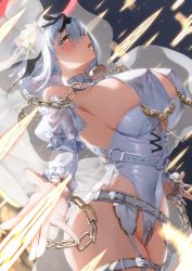 Rule 34 | 1girl, alicia renato (yashiro sousaku), bare shoulders, blush, borrowed character, breasts, chain, cleavage, commission, covered erect nipples, cowboy shot, cross-laced clothes, detached sleeves, flower, from side, garter belt, garter straps, hair between eyes, hair flower, hair ornament, halterneck, highres, huge breasts, large breasts, leotard, long bangs, looking at viewer, magic, morros, nun, open mouth, original, profile, sideboob, sideways glance, white hair, yellow eyes, zipper