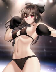 Rule 34 | 1girl, bare arms, bare shoulders, bikini, black bikini, black bow, black hair, bow, boxing gloves, breasts, commentary, commission, cowboy shot, english commentary, gigamessy, hair bow, highres, indoors, large breasts, long hair, looking at viewer, navel, original, parted lips, red eyes, solo, standing, stomach, swimsuit