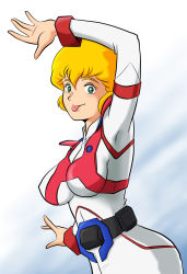 Rule 34 | 1980s (style), 1girl, :p, armband, armpits, artist request, belt, blonde hair, bodysuit, breasts, choujikuu kidan southern cross, green eyes, impossible clothes, jeanne francaix, large breasts, looking at viewer, military, military uniform, moto03, retro artstyle, retro artstyle, science fiction, tongue, tongue out, uniform